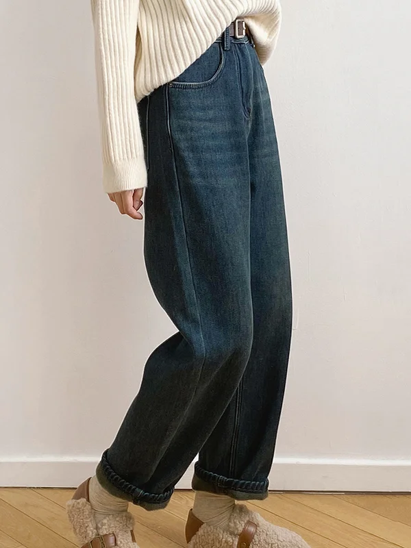 Urban Roomy Wide Leg Keep Warm Pure Color Velvet Jean Pants Bottoms