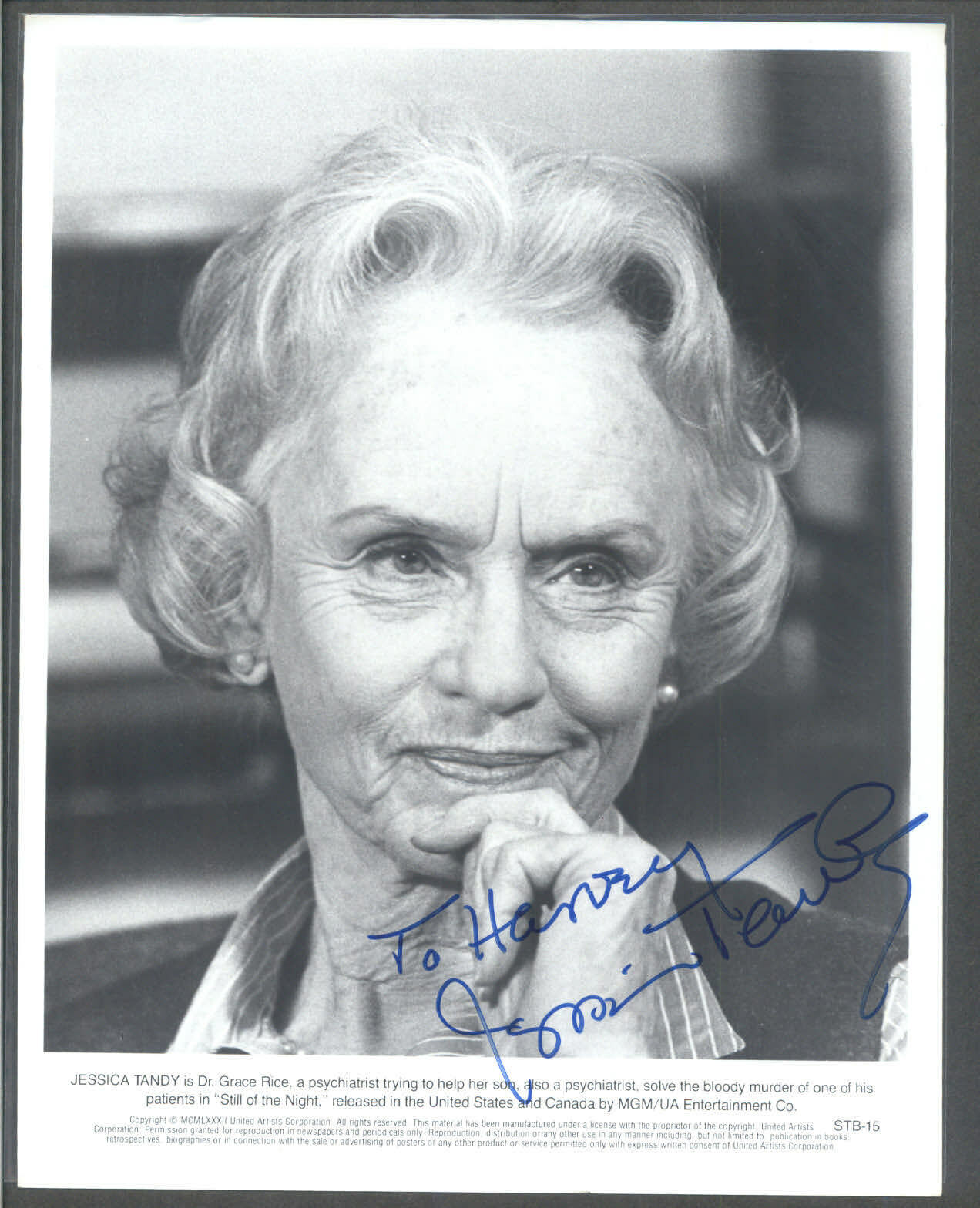 Jessica Tandy - 8x10 Signed Autograph Movie Still - Still of the Night