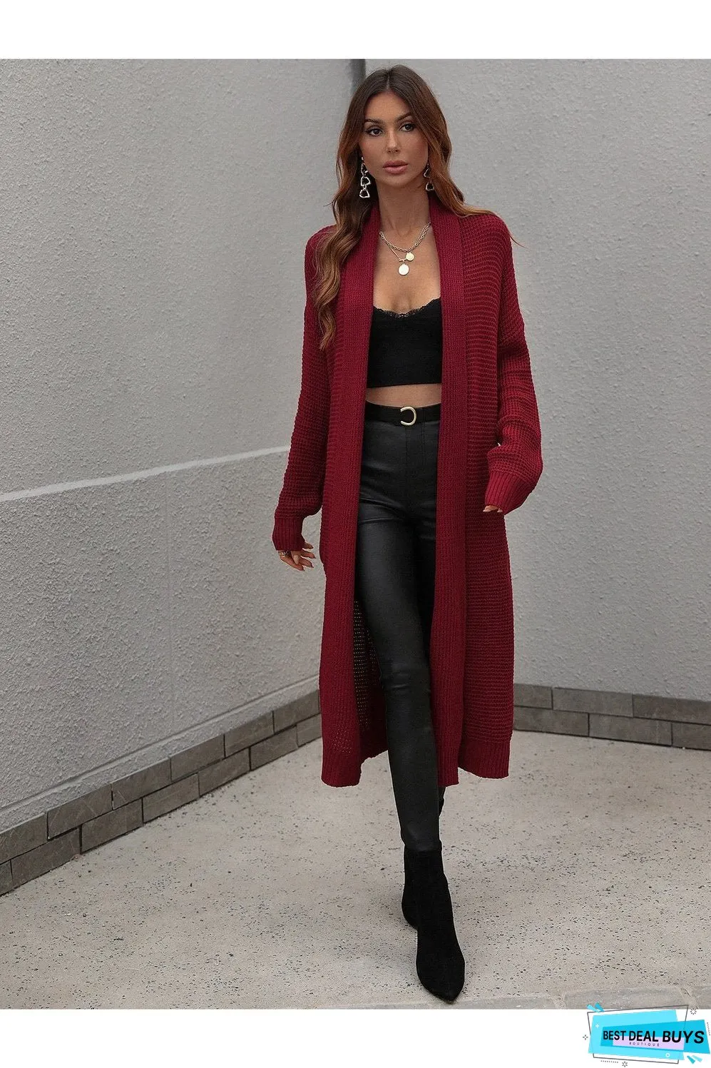 Waffle Knit Open Front Duster Cardigan With Pockets