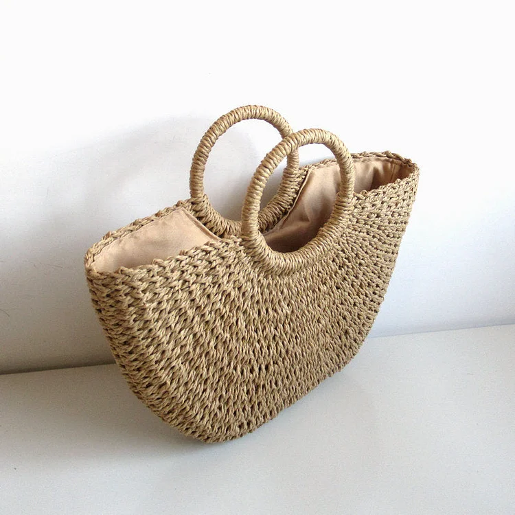 VChics Retro Simple Solid Color Vacation Woven Bag