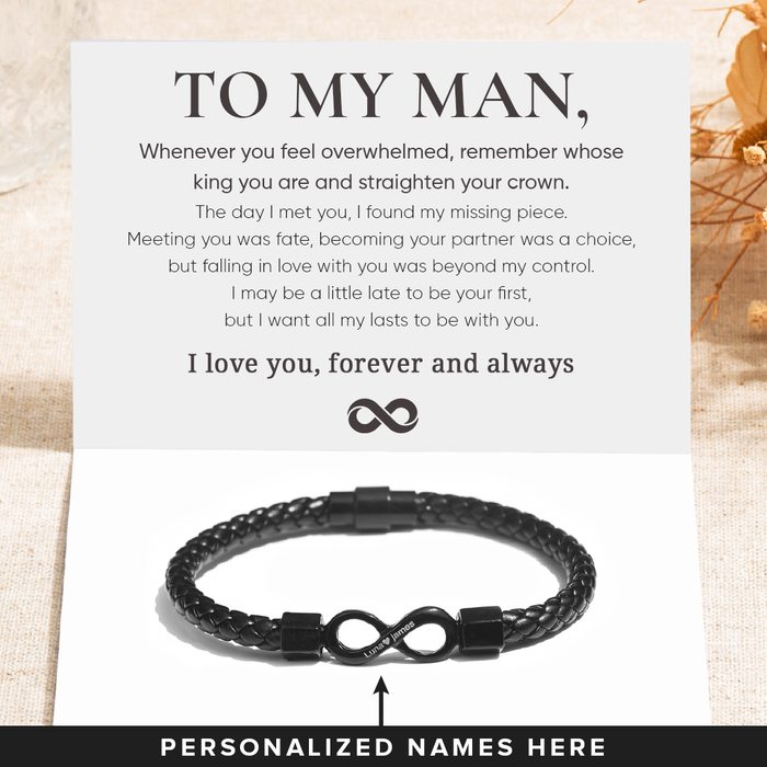 Personalized To My Man Infinity Leather Bracelet Gift Set, Custom Name Men's Bracelet Gifts For Him