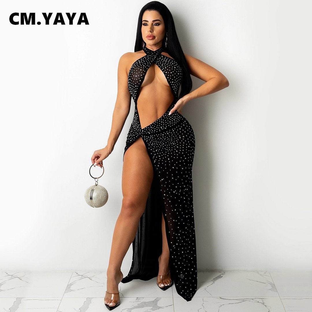 CM.YAYA Women Hot Rhinestones Halter Neck High Slit Sexy Maxi Dress Mesh See Though INS Sexy Party Autumn Winter Long Dresses