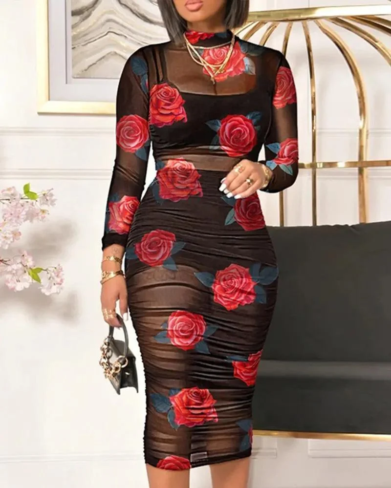 Three-piece suit of camisole + skirt + mesh dress