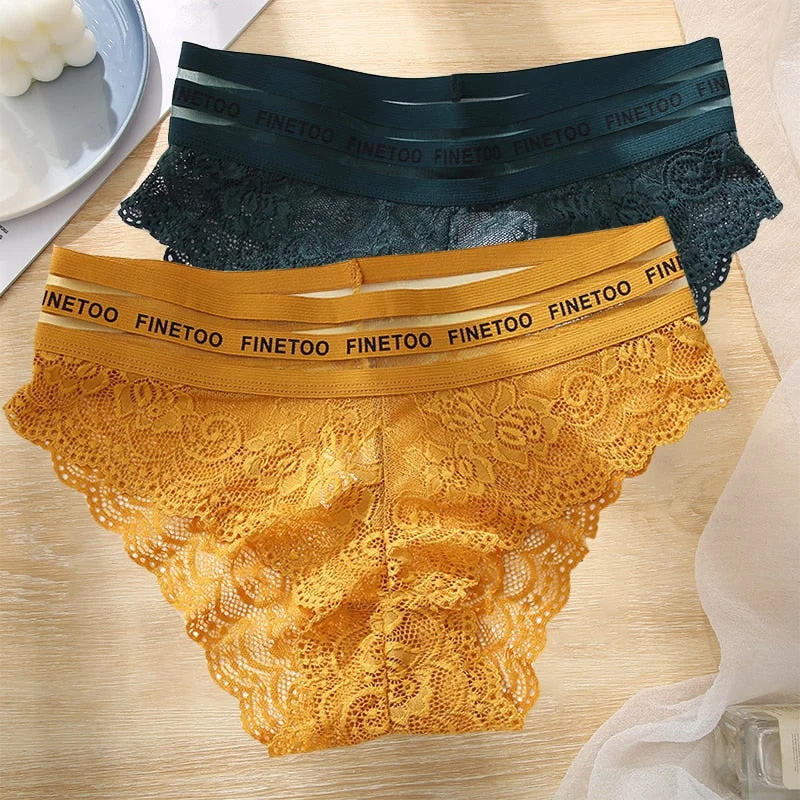 FINETOO 2PCS/Set L-XXL Floral Lace Women Panties High Waist  Sexy Lace Underwear Woman Letter Lingerie Female Seamless Briefs