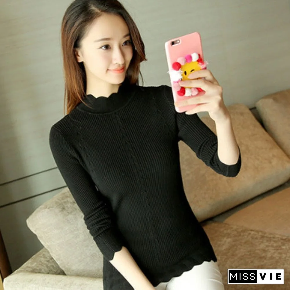 Women's Sweater Autumn New Knitted Long Sleeve Pullovers Korean Half High Collar Lotus Sleeve Fashion Women's Jumper