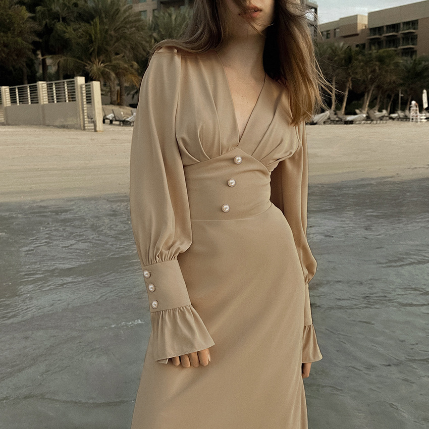 Mature Women Fashion V-neck Simple Chiffon Midi Dress