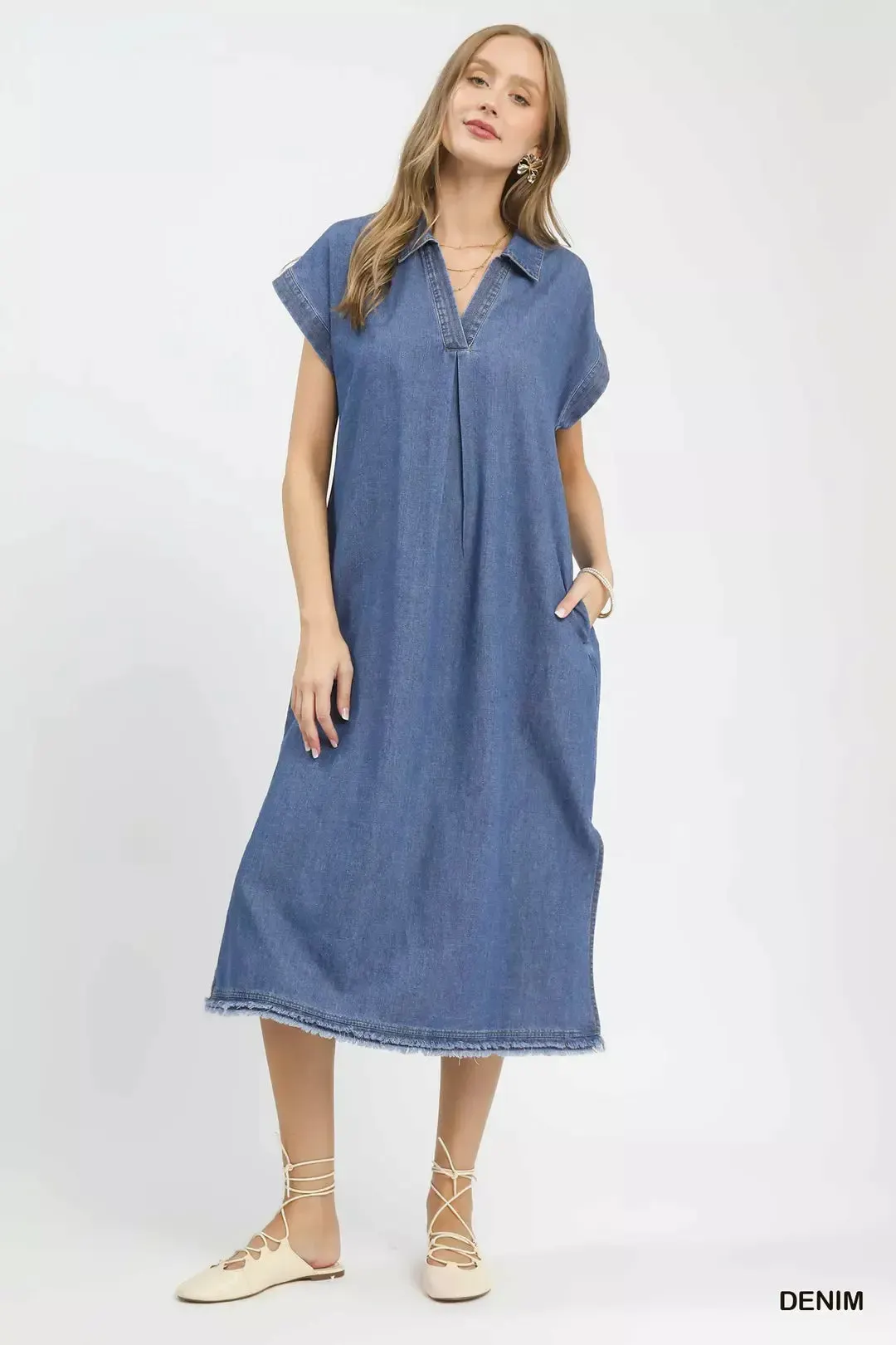 Umgee Stone Washed Collared Denim Midi Dress mysite idetrend