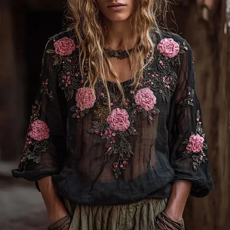 Bohemian Classic Romantic Embroidered Rose Long-sleeved Top