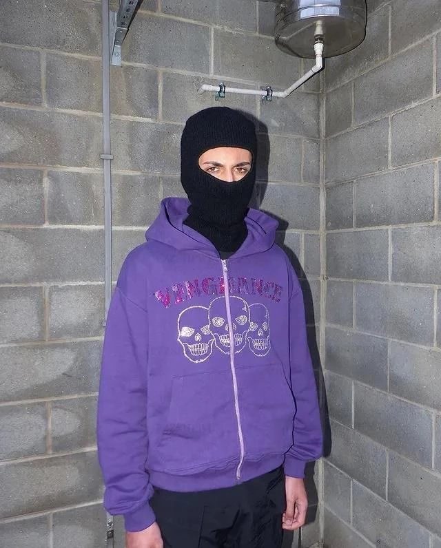 Rhinestone Skull Men's Purple Oversized Zip Up Hoodie Sweatshirts-VESSFUL
