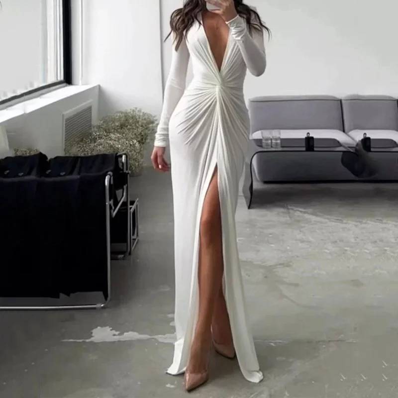 Toloer Toloer New Solid Color Dress Summer Fashion Sexy Slit V Neck Long Sleeve Solid Slim Pleated Skirt Dress-Outfit Ideas