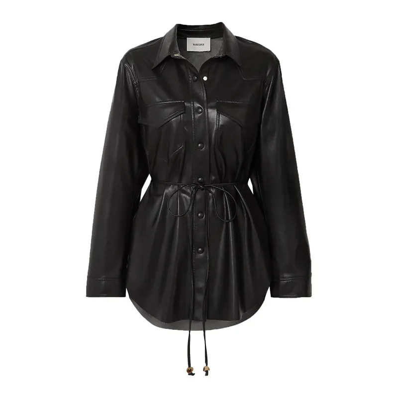 Niche artificial leather shirt women's single breasted drawstring long sleeve leather jacket-vocosishoes