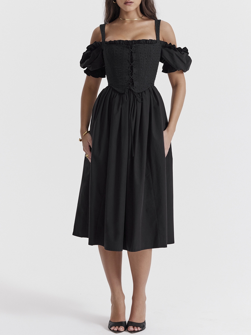 Fashionable Black One-shoulder Waisted Short-sleeved Long Skirt | Oxredo Shop Ramadan Sale