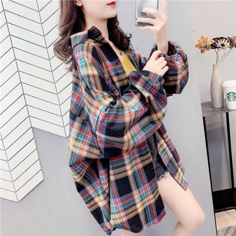 Uveng Uveng Plaid Shirt Woman 2025 Spring And Autumn Korean Version Of The Blouse Loose Hong Kong Style Long-Sleeved Shirt Woman