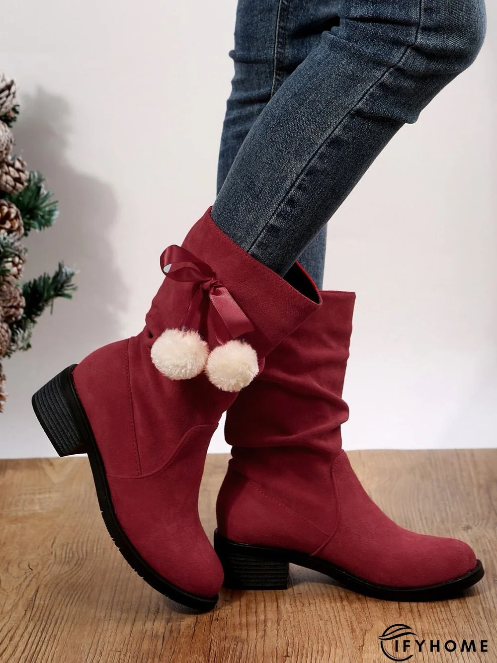 Christmas Pompom Decor Faux Suede Slouchy Boots | IFYHOME