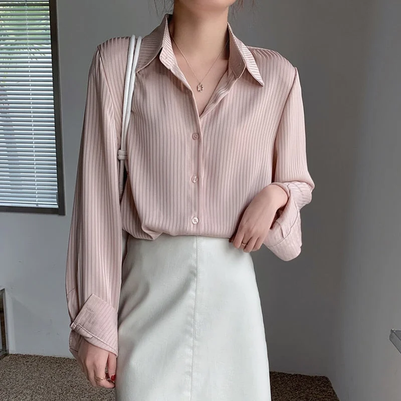 2021 Spring New Korean Loose Vintage Long Sleeve White Shirt Fashion Female Striped Shirt Plus Size Womens Blouse and Tops 13163