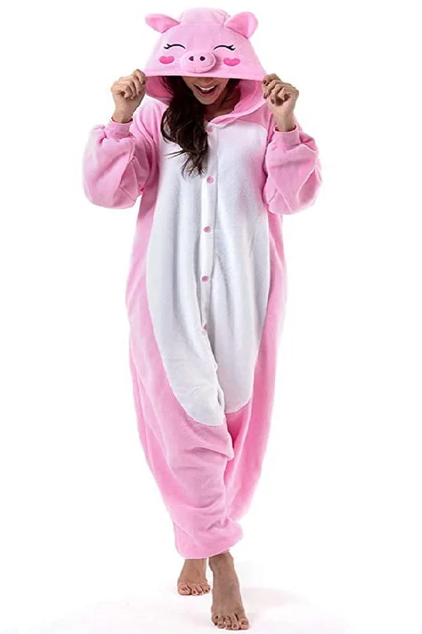 Unisex Cartoon Hooded Pig Onesie Jumpsuit Costume-elleschic