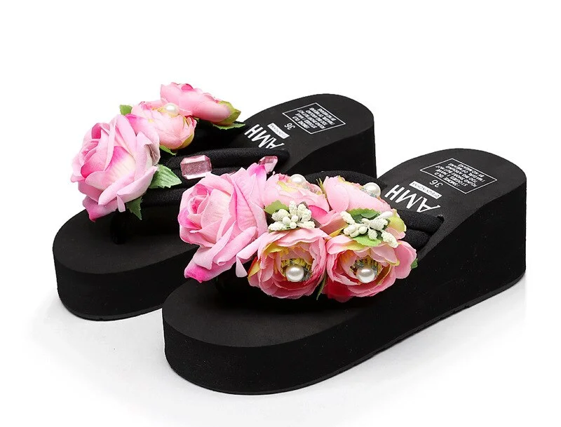 Slippers Women Handmade Slippers Summer Flip Flop Flowers Female High Heel Ladies Bohemia Beach Sandal Slippers Home Slippers