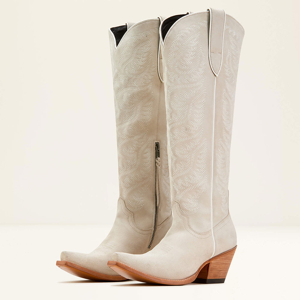 Embroidered Snip Toe Chunky Heel Zip Western Boots for Women in Ivory Nicepairs