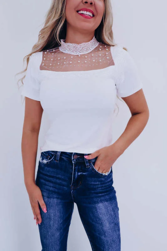 Chiffon pearl lace patchwork short-sleeved top