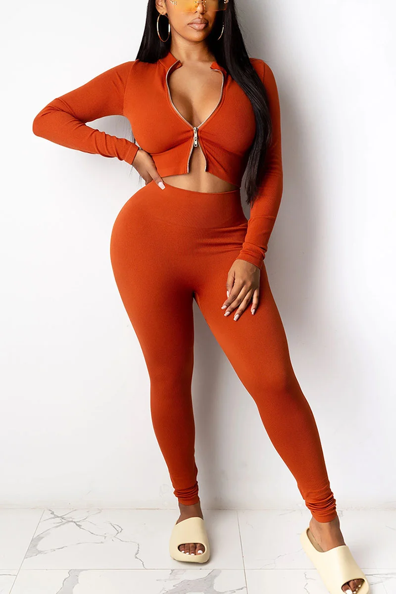 Red Casual Solid O Neck Long Sleeve Two Pieces | EGEMISS