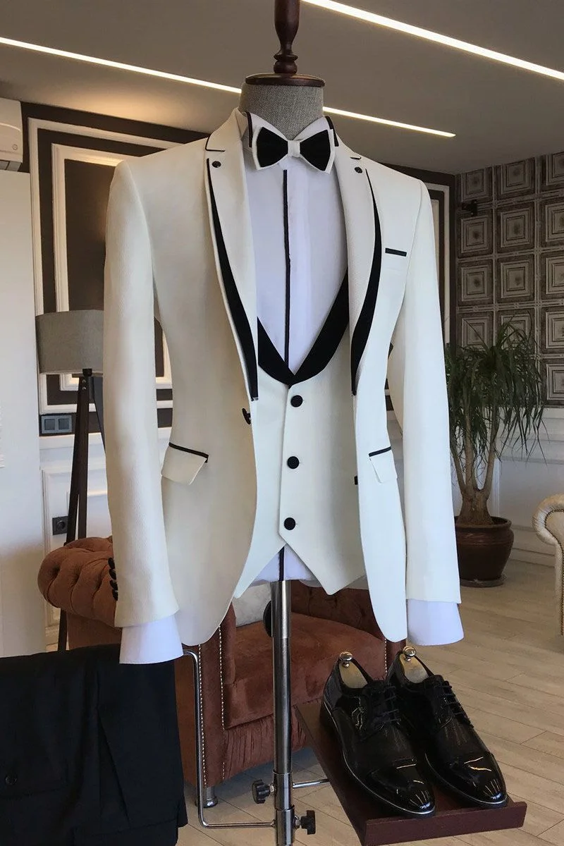 Chic Black Designer White Notched Lapel Wedding Suits For Groom | Ballbellas Ballbellas