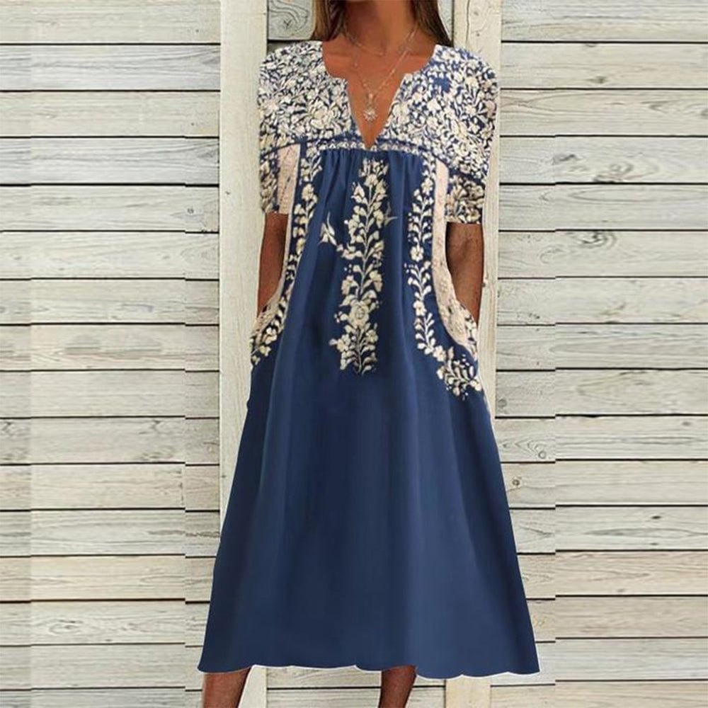 Elegant Blue Notched Neck Midi Dress