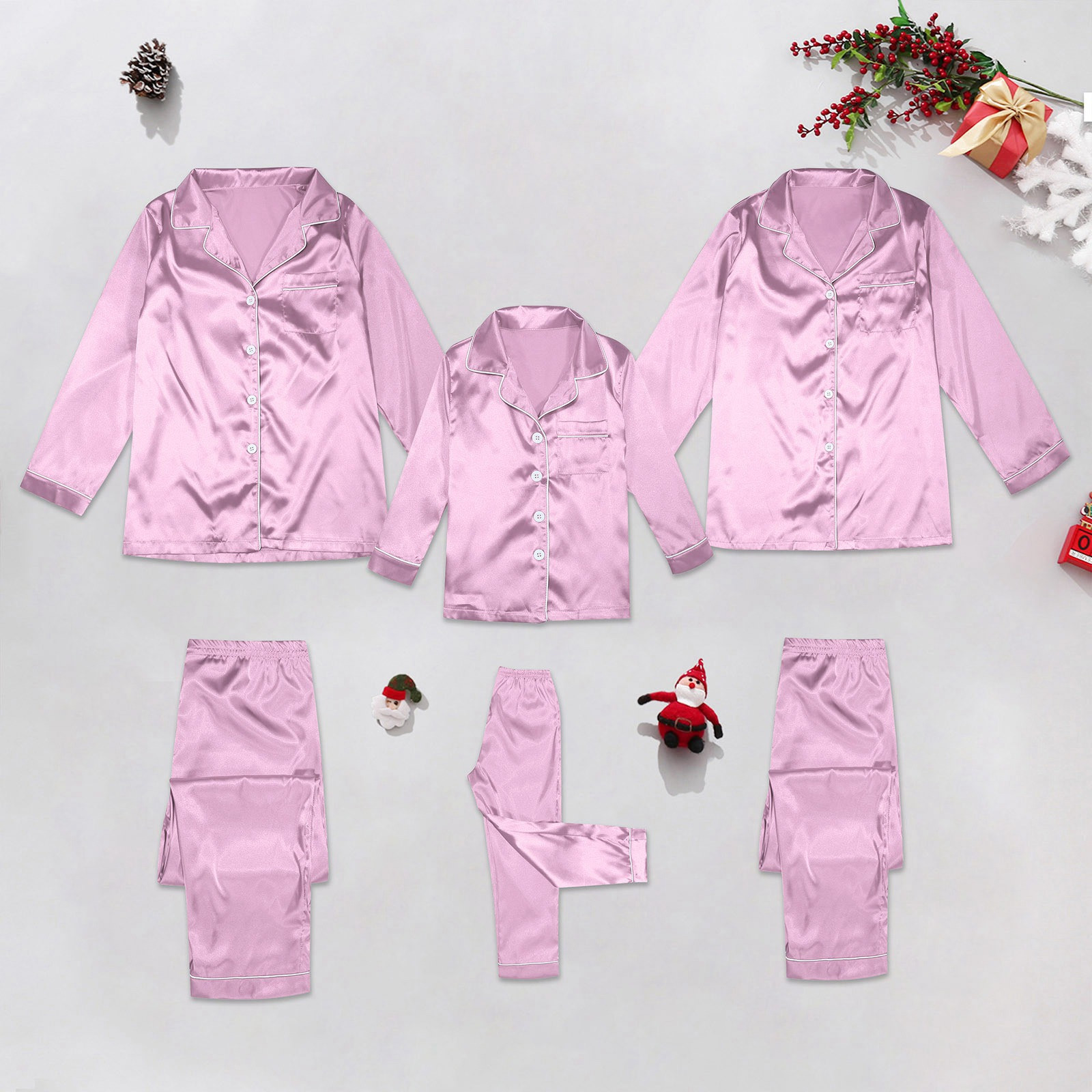 Buyergood Christmas Home Women'S Silk Pajama Autumn 2 Piece Plus Size Family Matching Outfits Long Sleeve Mother-Kids Pink Stitch Pajama