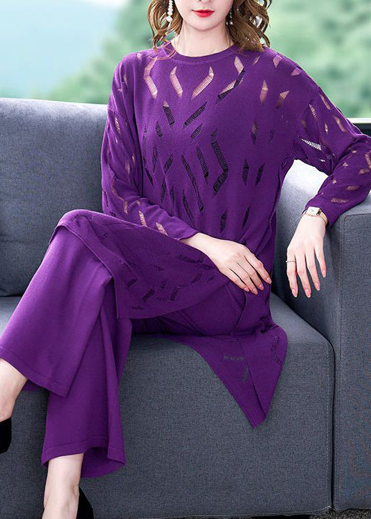 VCSHOES Purple Hollow Out Side Open Knit Two Pieces Set Summer
