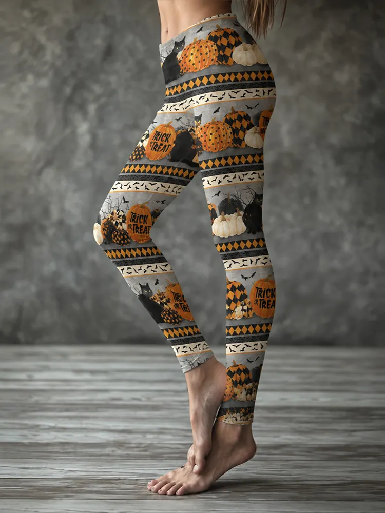 Women's Halloween Pumpkin And Bat Art Print Casual Leggings