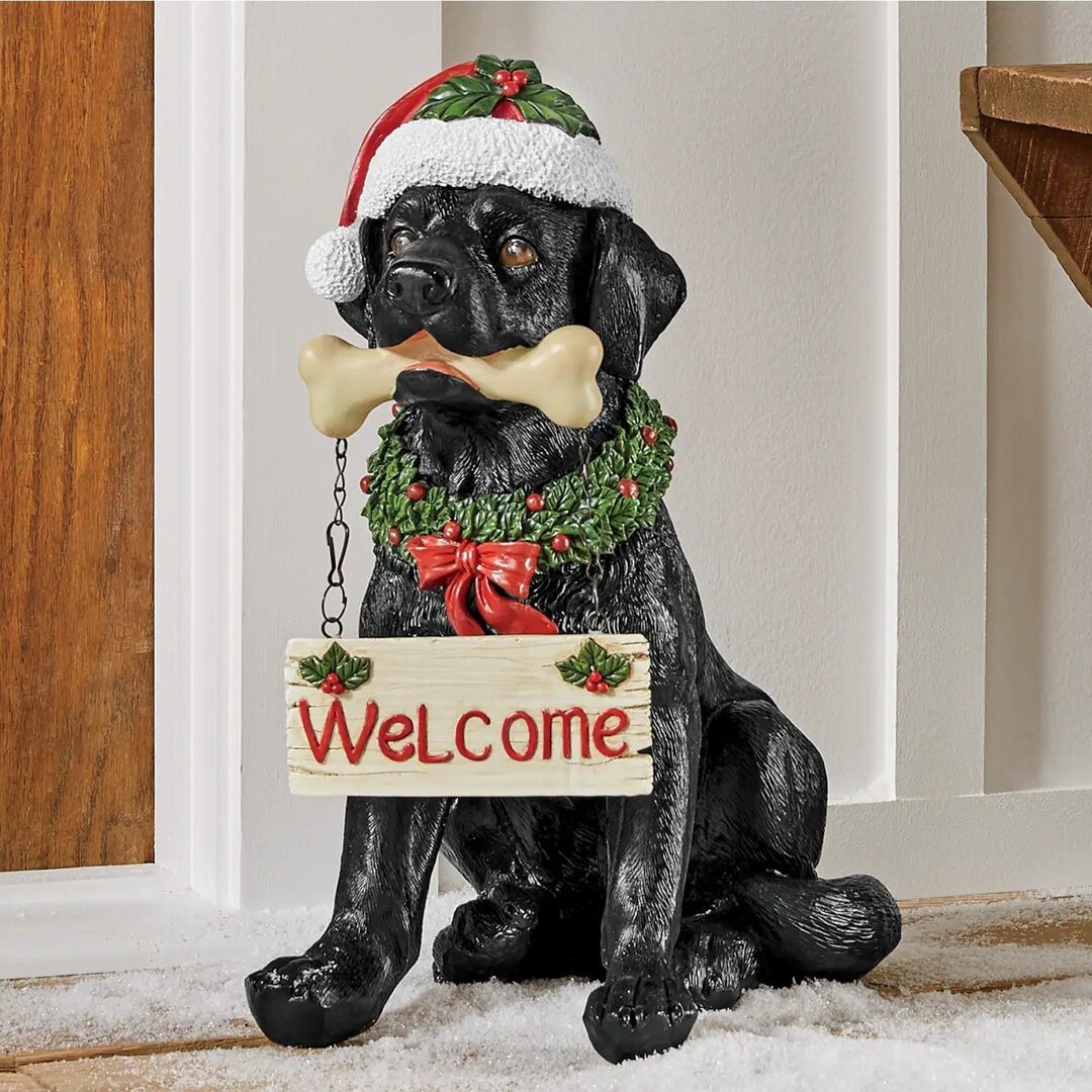 Holiday Welcome Dog Statue with Santa Hat、、sdecorshop