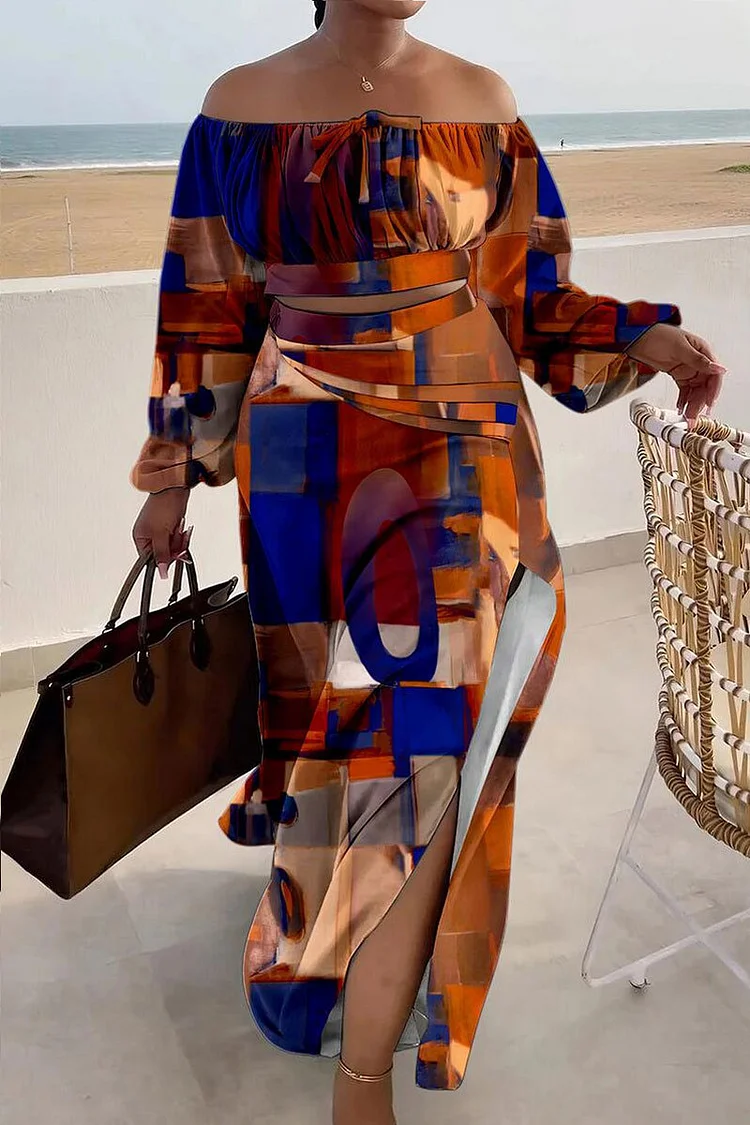 Off Shoulder Long Bell Sleeve Crop Top Geometric Print Maxi Skirt Matching Set-Orange