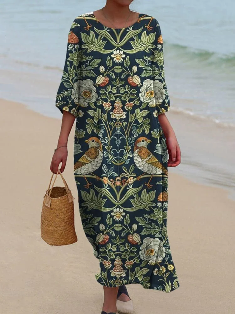Women's Vintage Dark Floral Print Pocket Cotton Dress