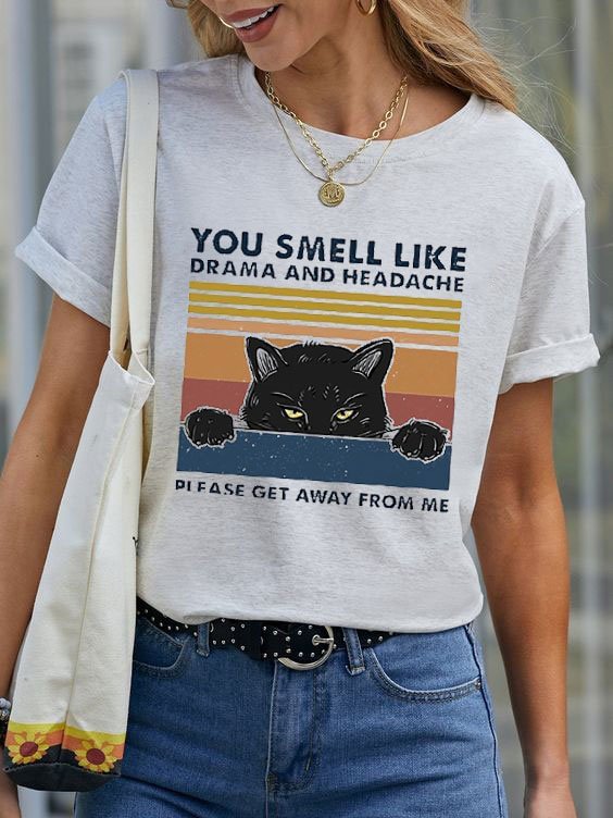 Women's Funny Cat Print Crew Neck Short Sleeve Tee Shirt , Funny Tee Shirt, Sarcastic T-Shirt, Saying Tee Shirt