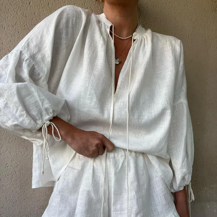Churchf Churchf Women's Fashion Pure Cotton Simple Two-Piece 2023 New Long Sleeved Top High Waist Shorts Suit