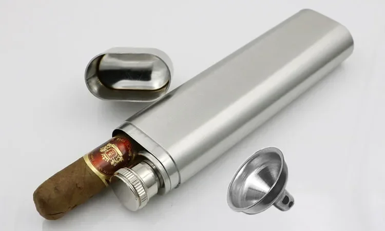 Tegooe 2oz Portable Stainless Steel Hip Flask Cigar Holder Set with Funnel Pocket Flagon for Whiskey Vodka