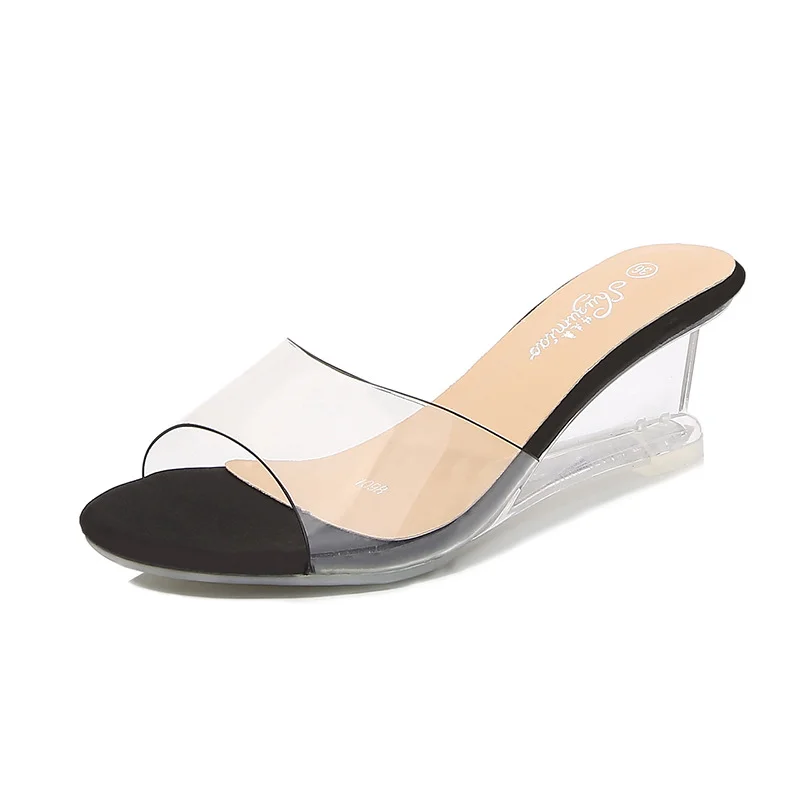 Tanguoant Tanguoant Female Summer New Korean Version Of The Versatile Summer 6CM Women's Shoes A Word Buckle Simple Slope Heel Slippers Transparent