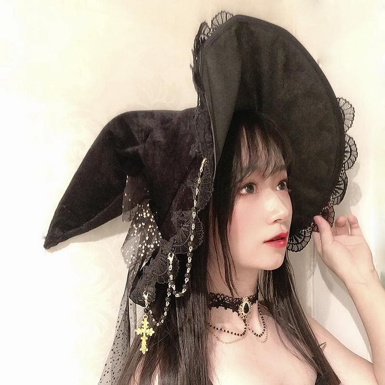 Black Lace Bow Halloween Cosplay Witch Hat SP15265