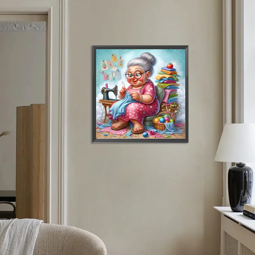 Diamond Painting - Full Round Drill - Old Lady Sewing(Canvas|30*30cm)