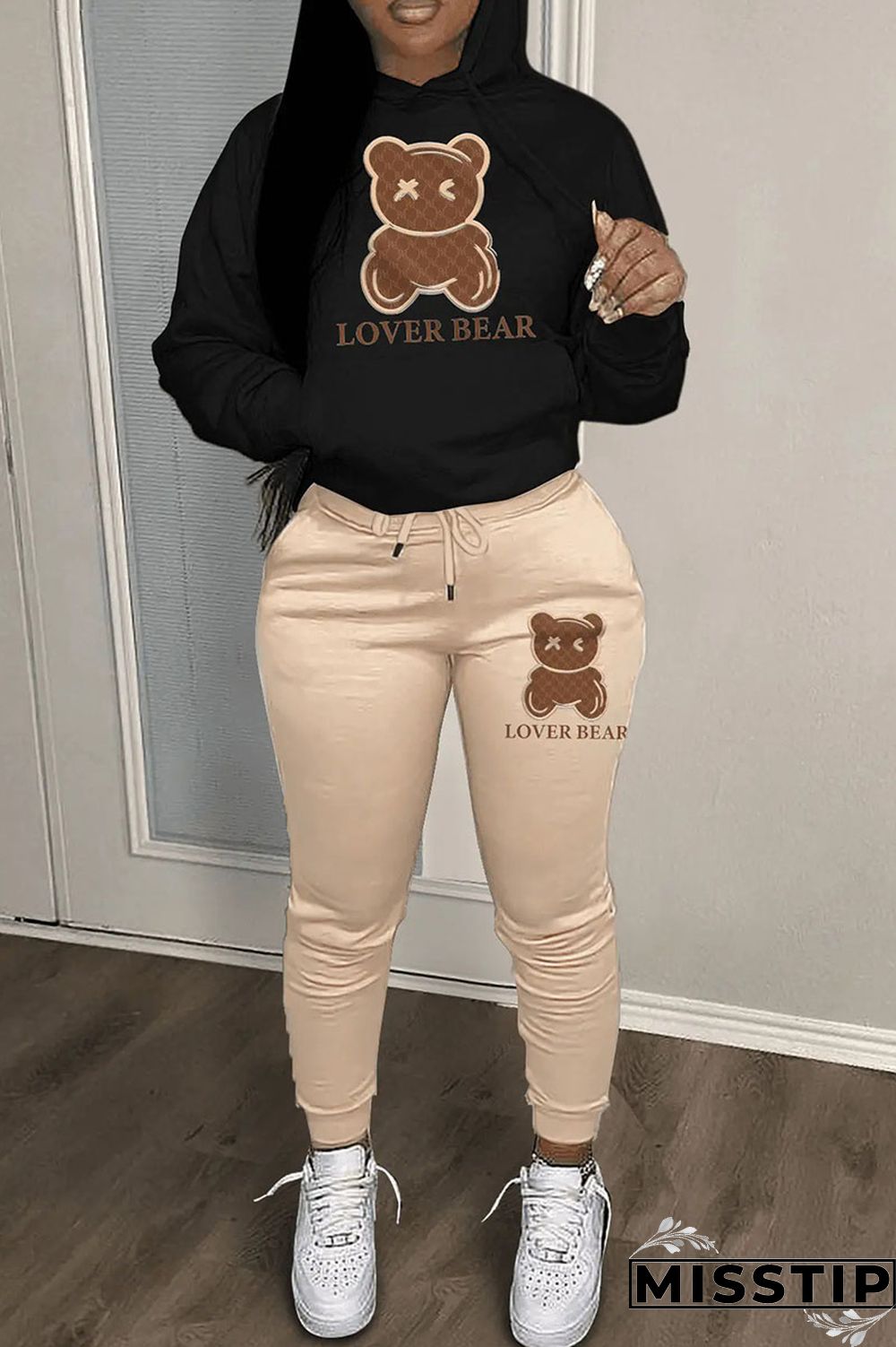 Black And White Casual Print Patchwork Hooded Collar Long Sleeve Two Pieces