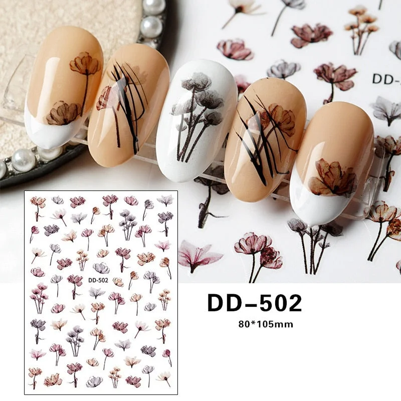 1PC 3D Ink Translucent Dried Flower Nail Stickers Ins Style Japanese FLower Lavender Nail Art Decoration Wraps DIY Manicures