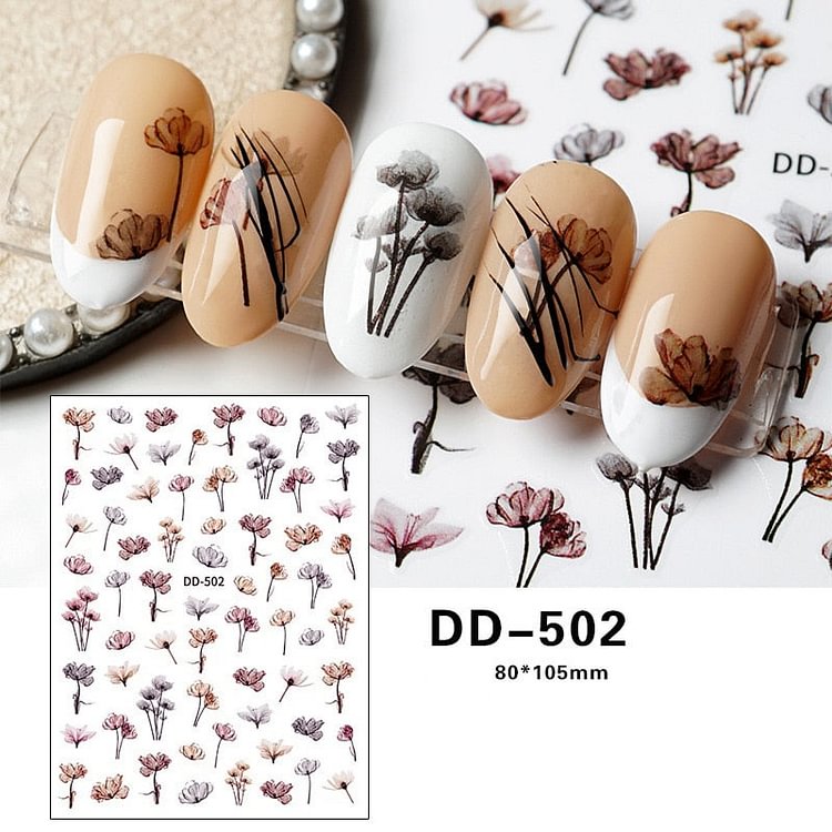 1PC 3D Ink Translucent Dried Flower Nail Stickers Ins Style Japanese FLower Lavender Nail Art Decoration Wraps DIY Manicures