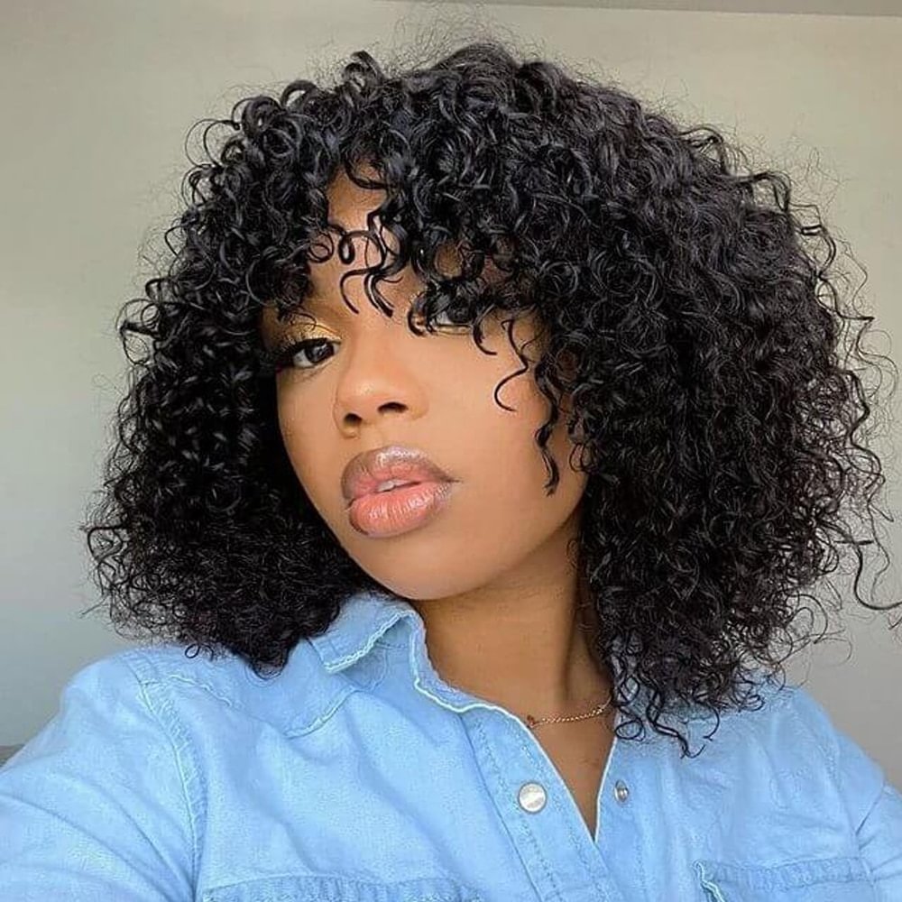 Short Curly Bob Wigs with Bangs for Black Women Glueless Brazilian Human Hair 180% Density Water Wave Human Hair Wig with Bangs US Mall Lifes