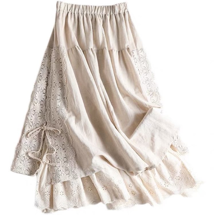 Queenfunky cottagecore style Linen Lace Patchwork Skirt With Lace Hem QueenFunky