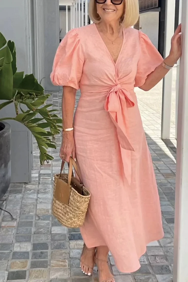 🔥 V Neck Tie Puff Sleeve Cotton Dress