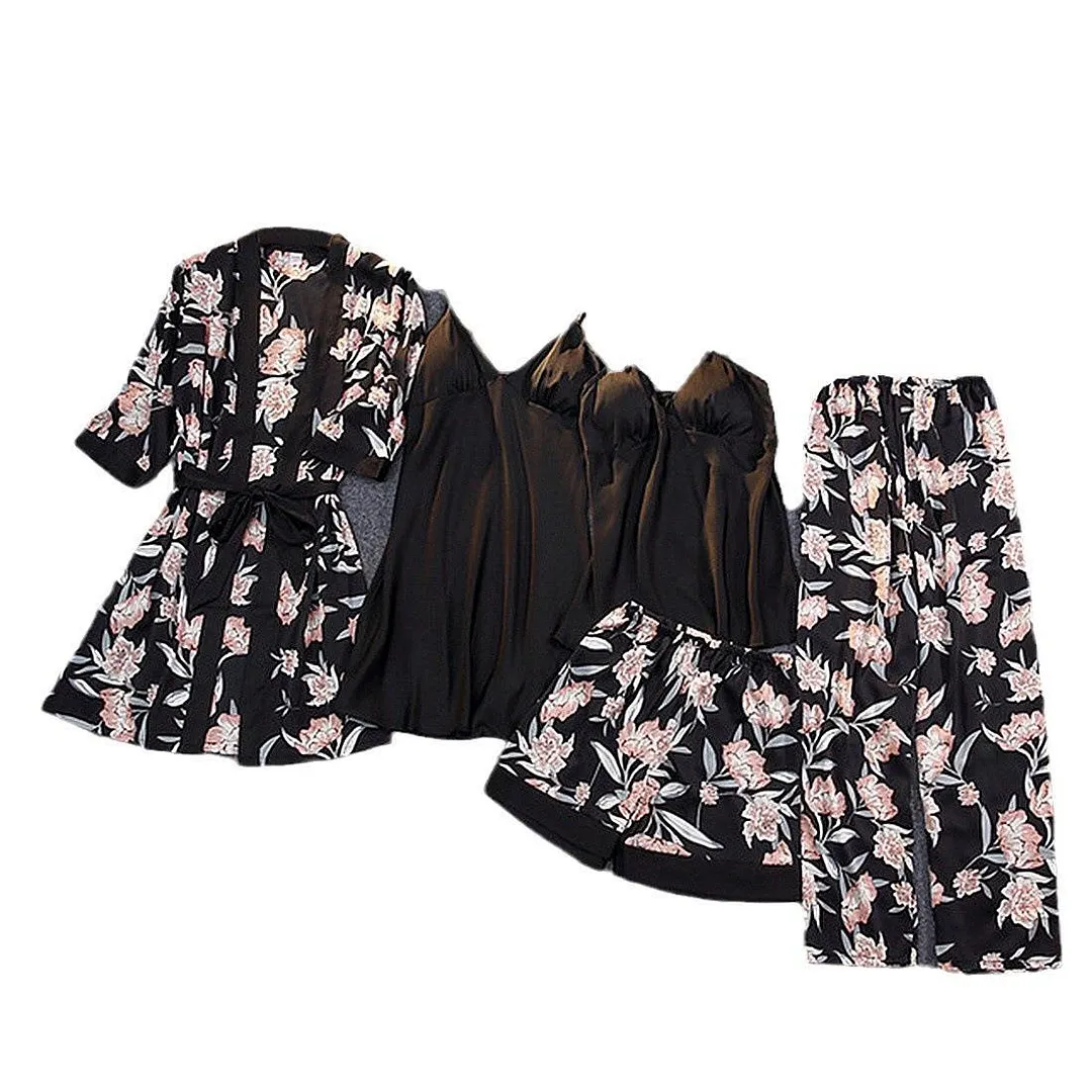 Churchf New Sex Black Homewear Five-Piece Set Of Fashion Lace Pyjamas Set Printed Women's Set