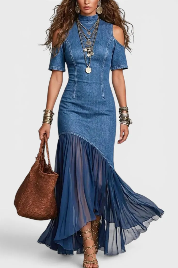 Asymmetric Denim Maxi with Off-Shoulder Cut