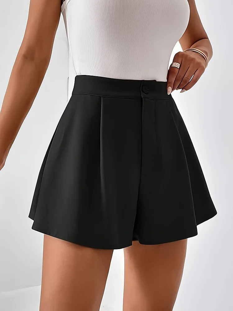 Women's High-Waisted Wide-Leg Shorts With Pockets - Solid Black Elastic Waist Summer Casual Shorts, Machine Washable Regular Fit Trousers For Daily Wear & Leisure, High Waisted Shorts, Warm Weather Clothing, Elegant Style, Smooth Fabric, Everyday Style