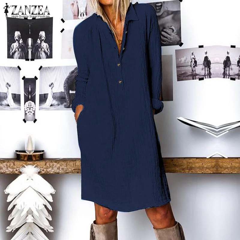 ZANZEA Fashion Autumn Long Shirt Dress Women Lapel Neck Long Sleeve Buttons Vestido Casual Loose Cotton Linen Sundress