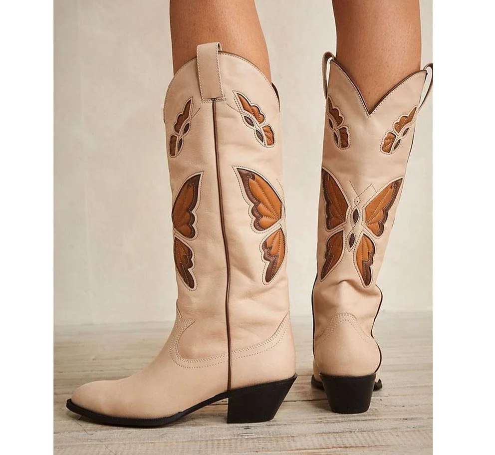 Vstacam Halloween Brand New 2022 Autumn Winter Women's Western Mid Calf Boots Chunky Heels Butterfly Cowgirl Cowboy Long Boots Shoes For Woman