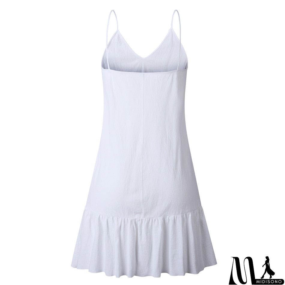 MidiSono - Loose Summer Dress Cotton Sexy White Halter V-neck Ruffled Women Casual Spaghetti Strap Mini beach clothes for women